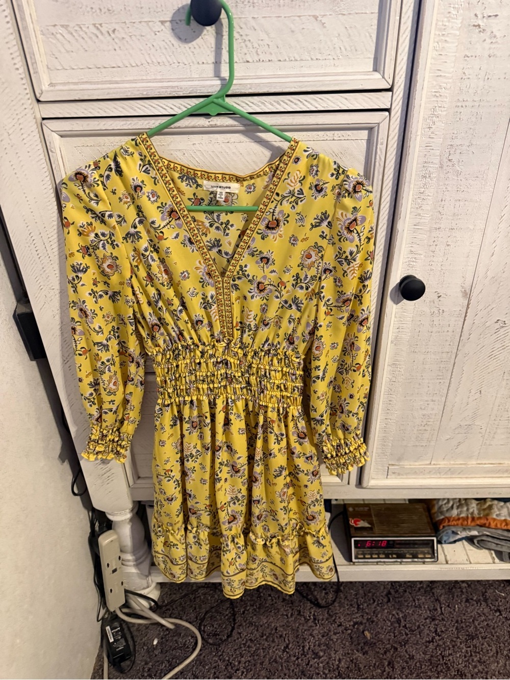 Max Studio Yellow Floral Long Sleeve Smocked Waist Dress